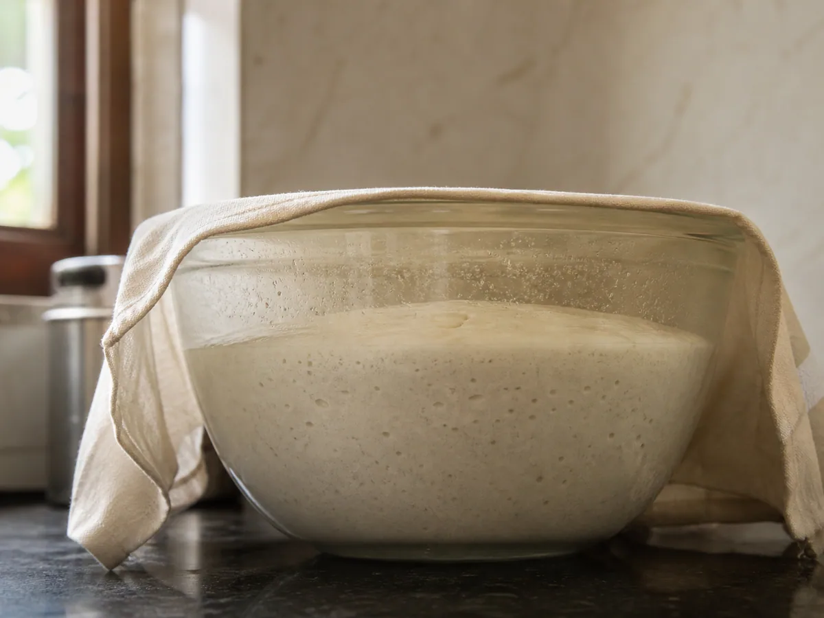 Massa de idli fermentada, com bolhas finas, em uma tigela funda