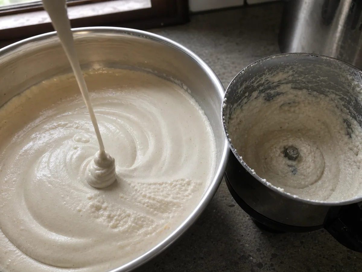 Massa de idli recém-misturada, aerada, com fita espessa e leve granulação