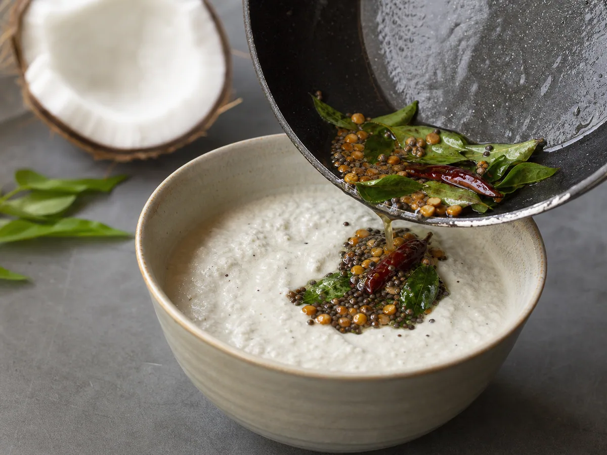 Têmpera pronta para o chutney de coco, com urad dal dourado, mostarda, pimenta e folhas de curry crocantes