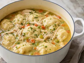 Bowl of Southern chicken and dumplings with fluffy buttermilk dumplings