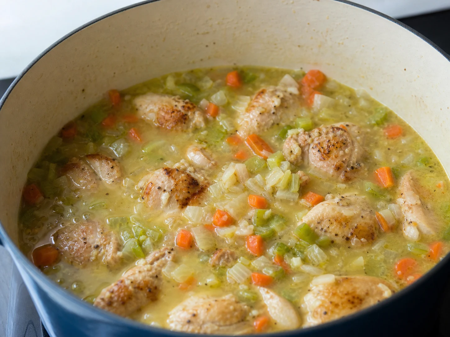 Base lisa de caldo com legumes para frango com bolinhos à moda do sul, antes de devolver o frango à panela