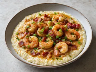 Southern shrimp and grits with bacon, scallions, and lemon pan sauce
