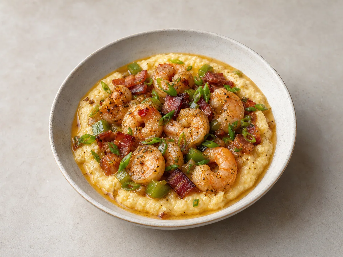 Southern shrimp and grits with bacon, scallions, and lemon pan sauce