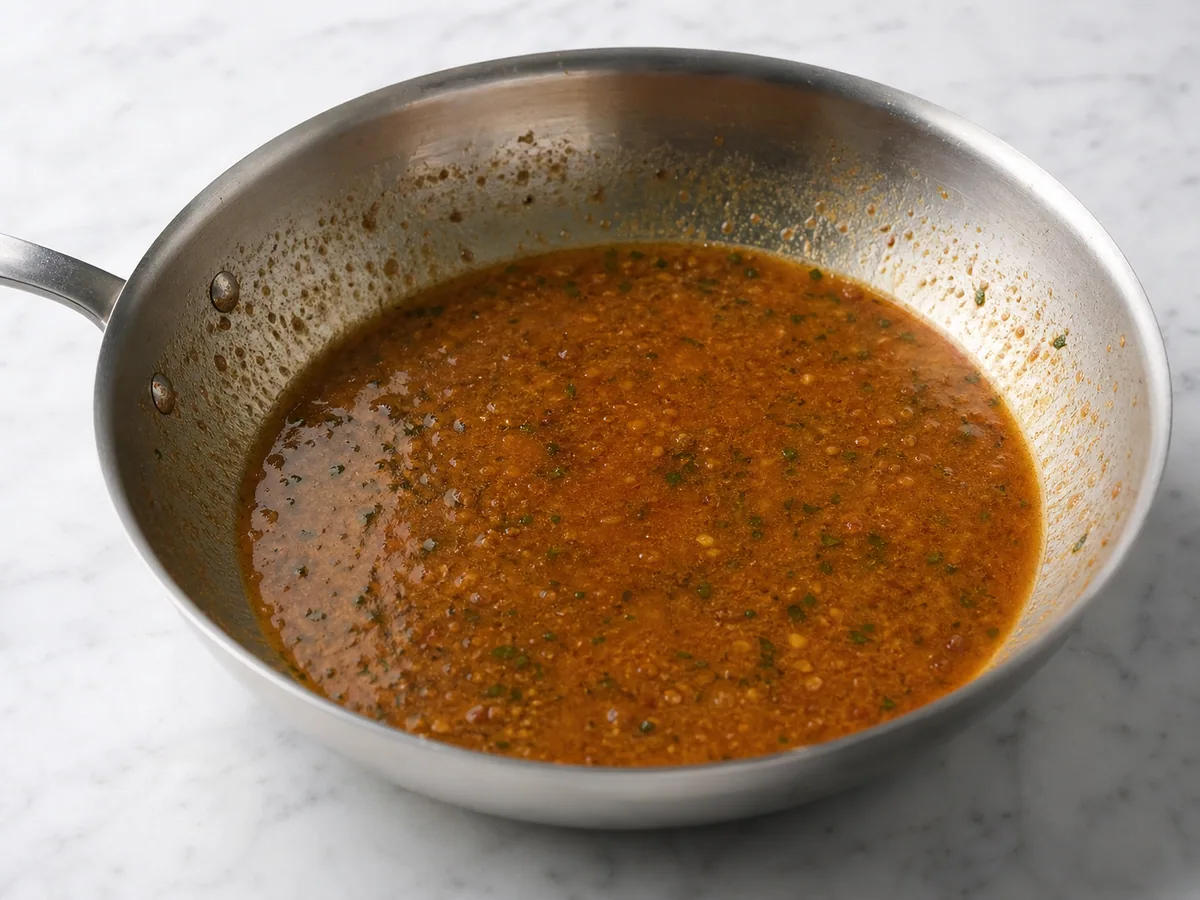 Salsa reducida de camarones cubriendo ligeramente una cuchara de madera en la sartén