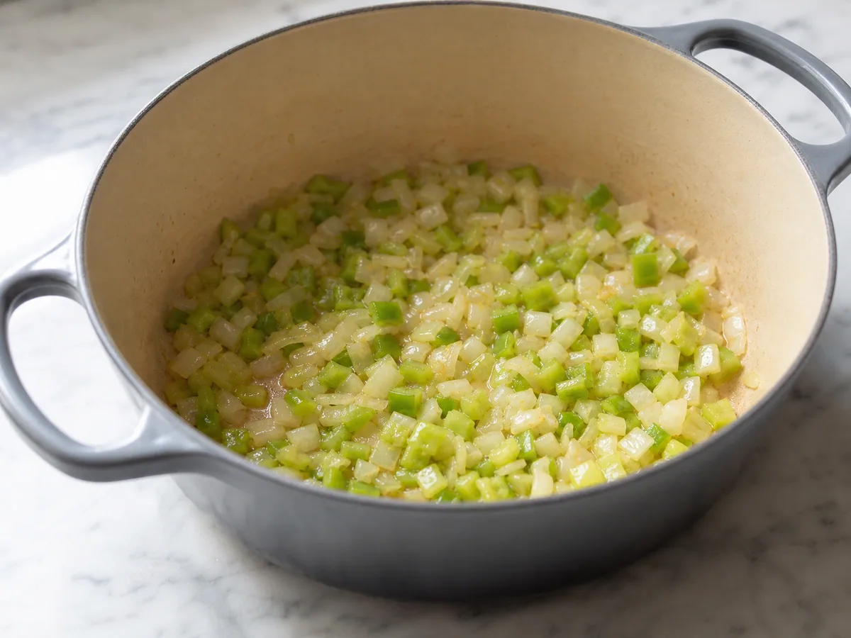 Pimiento verde en cubos y la parte clara de las cebolletas ablandados en la grasa del tocino