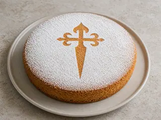 Bolo de Santiago espanhol com amêndoas, polvilhado com açúcar de confeiteiro ao redor de uma Cruz de Santiago