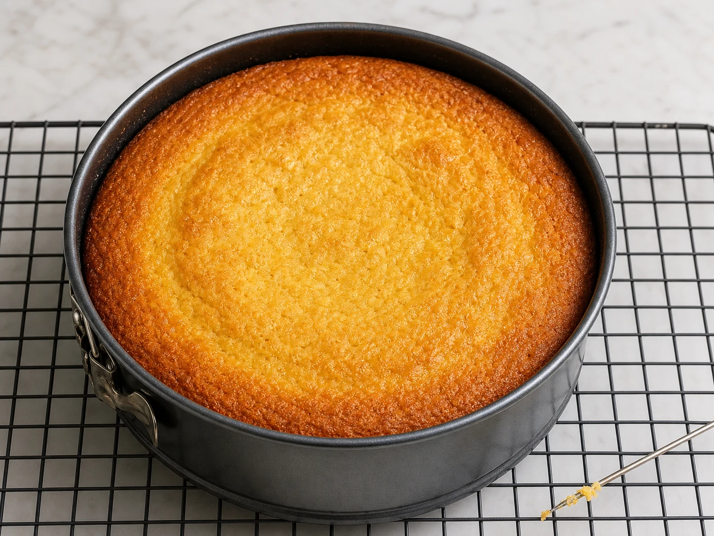 Bolo de Santiago com amêndoas, completamente assado na forma de fundo removível, dourado e firme antes de esfriar