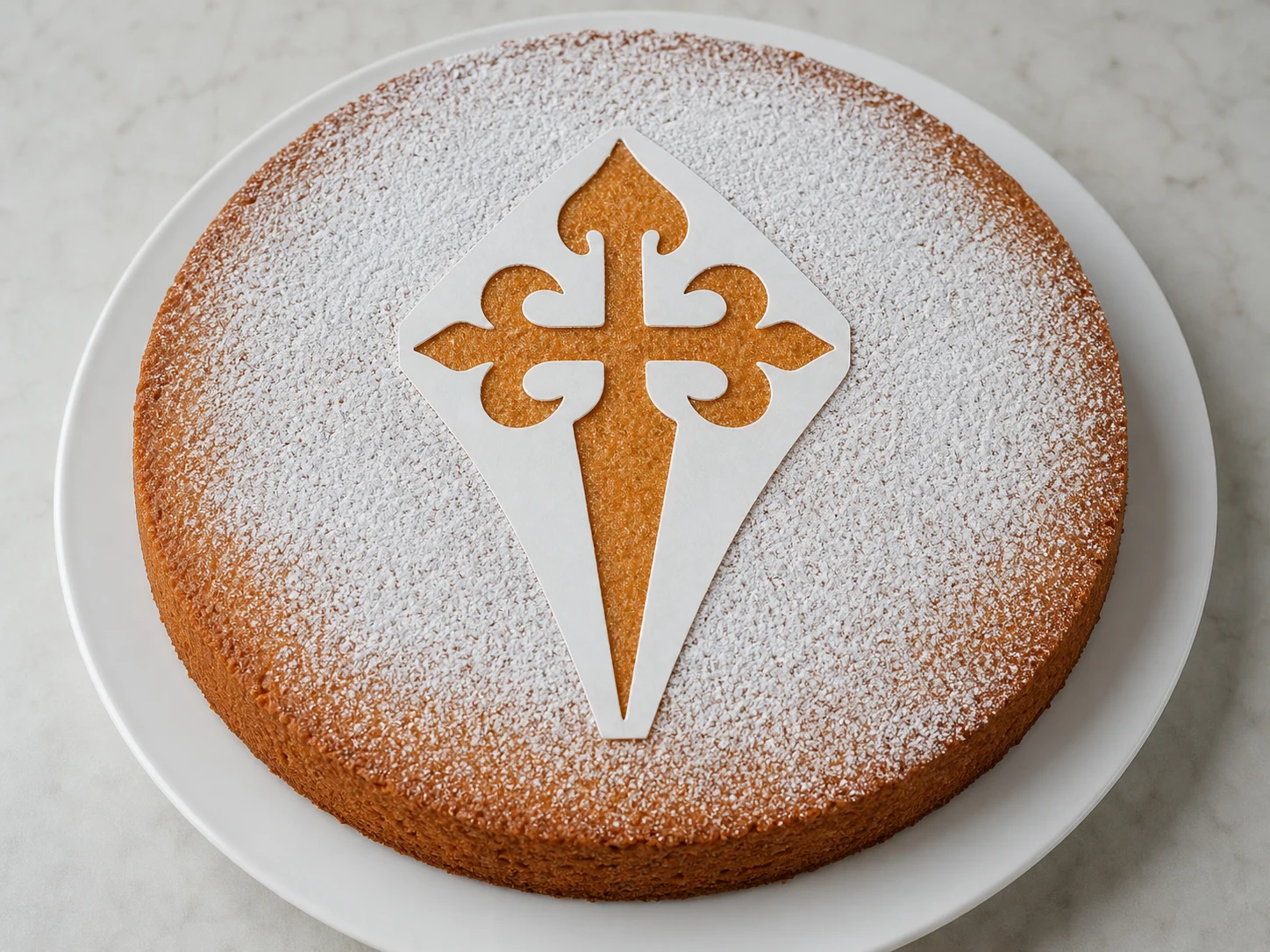 Bolo de Santiago com amêndoas já frio, com o molde da Cruz de Santiago no lugar antes de levantá-lo