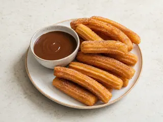 Churros espanhóis açucarados ao lado de xícaras de chocolate amargo espesso
