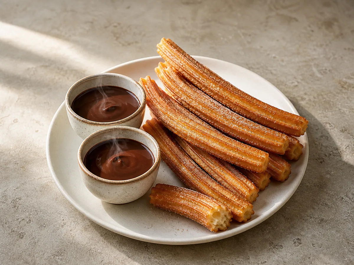 Churros espanhóis polvilhados com açúcar ao lado de xícaras de chocolate amargo espesso