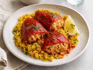 Pimentões piquillo recheados com caranguejo em molho de tomate e arroz de açafrão