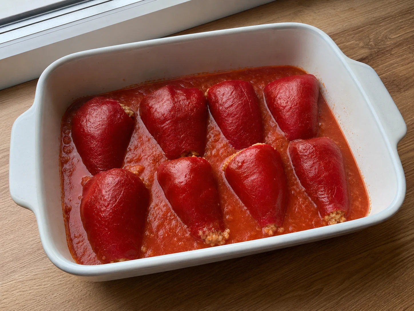 Pimientos del piquillo rellenos de cangrejo acomodados sobre salsa de tomate antes de hornear
