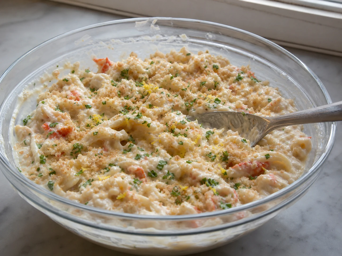Relleno cremoso y espeso de cangrejo cocido, con lascas definidas y perejil, en una sartén