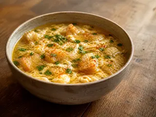 Tigela de sopa espanhola de pão com alho e tiras de ovo bem cozidas