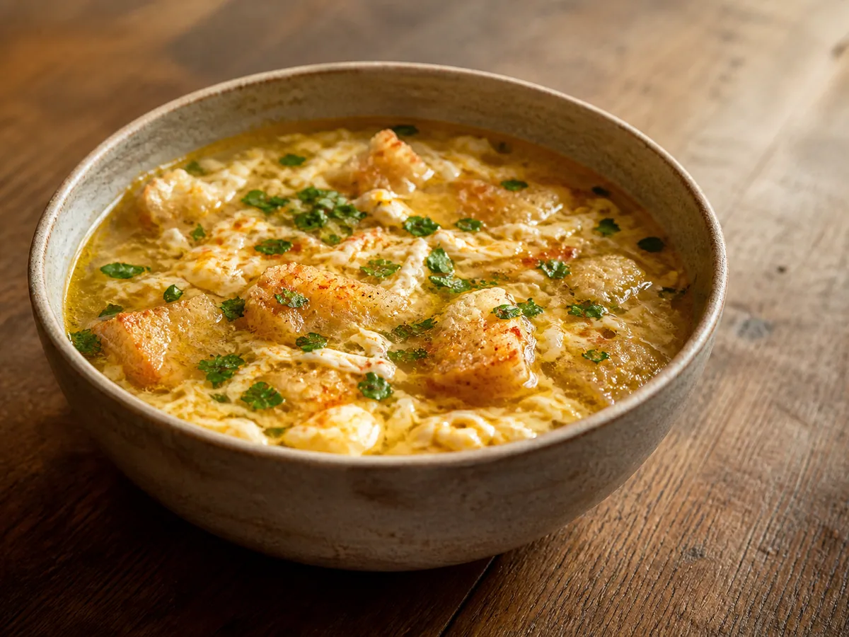 Tigela de sopa espanhola de pão com alho e tiras de ovo bem cozidas