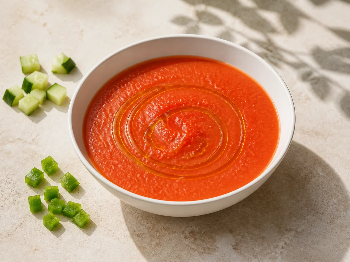 Bowl of smooth Spanish gazpacho with a glossy olive oil finish