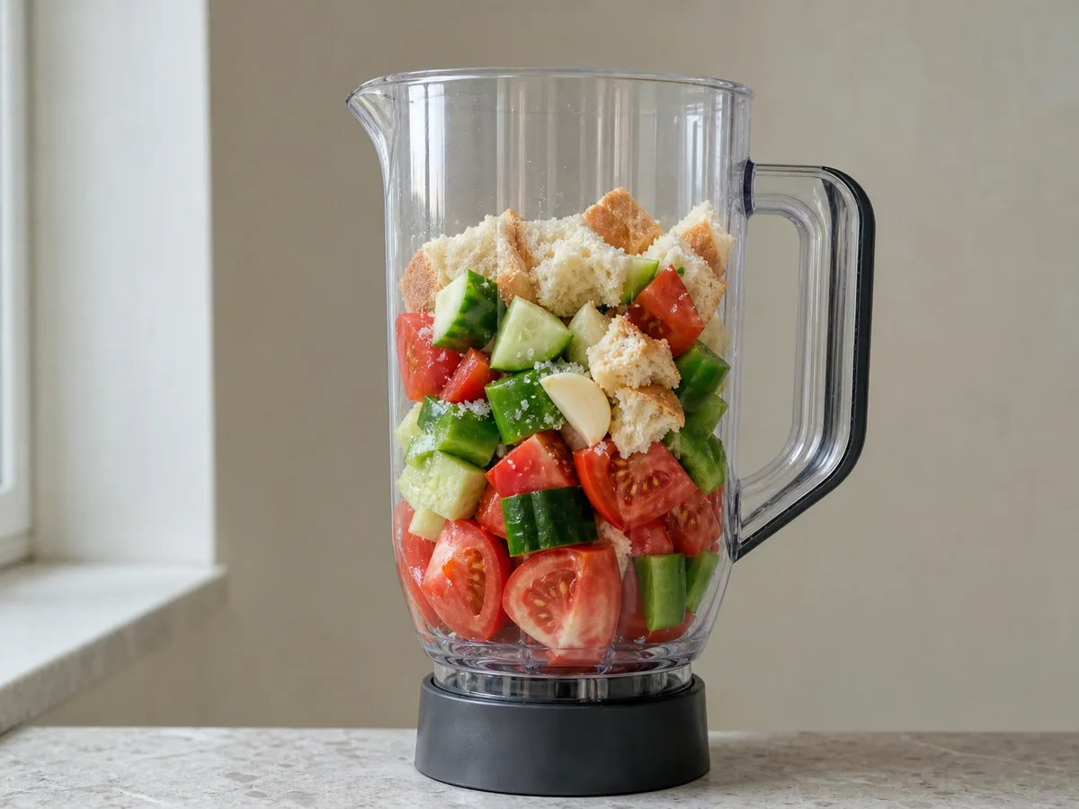 Base uniforme de verduras para gazpacho en la batidora, sin trozos grandes