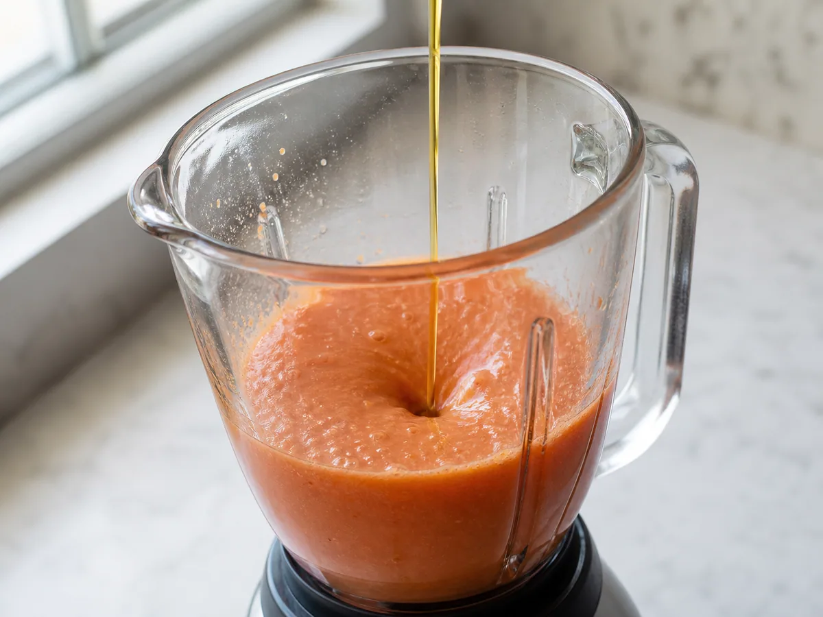 Emulsión suave y brillante de gazpacho español en la batidora