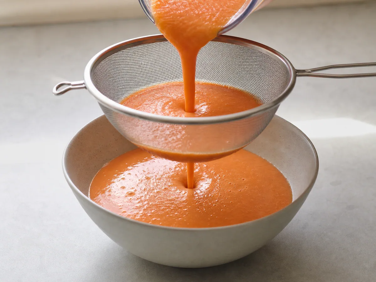 Gazpacho sedoso recogido bajo un colador, con pulpa seca restante