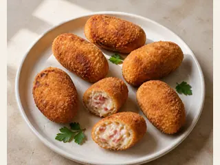 Croquetes espanhóis dourados de presunto, um deles aberto mostrando o recheio cremoso