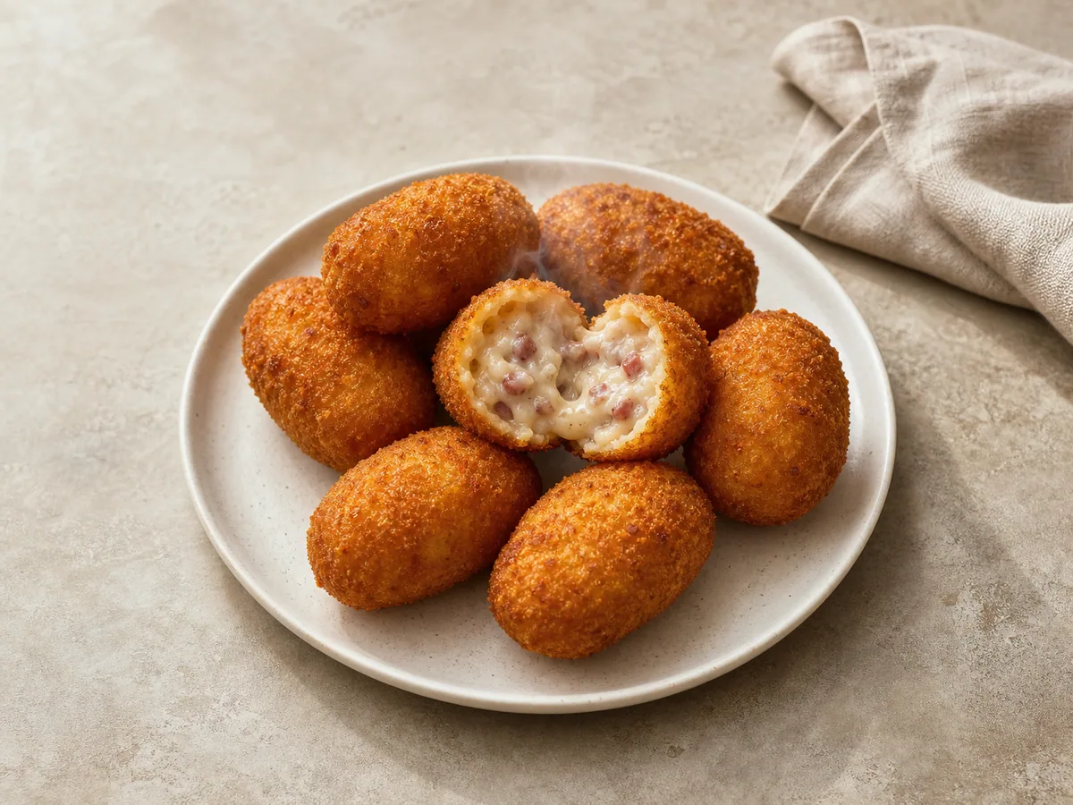 Golden Spanish ham croquettes with one opened to show the creamy filling