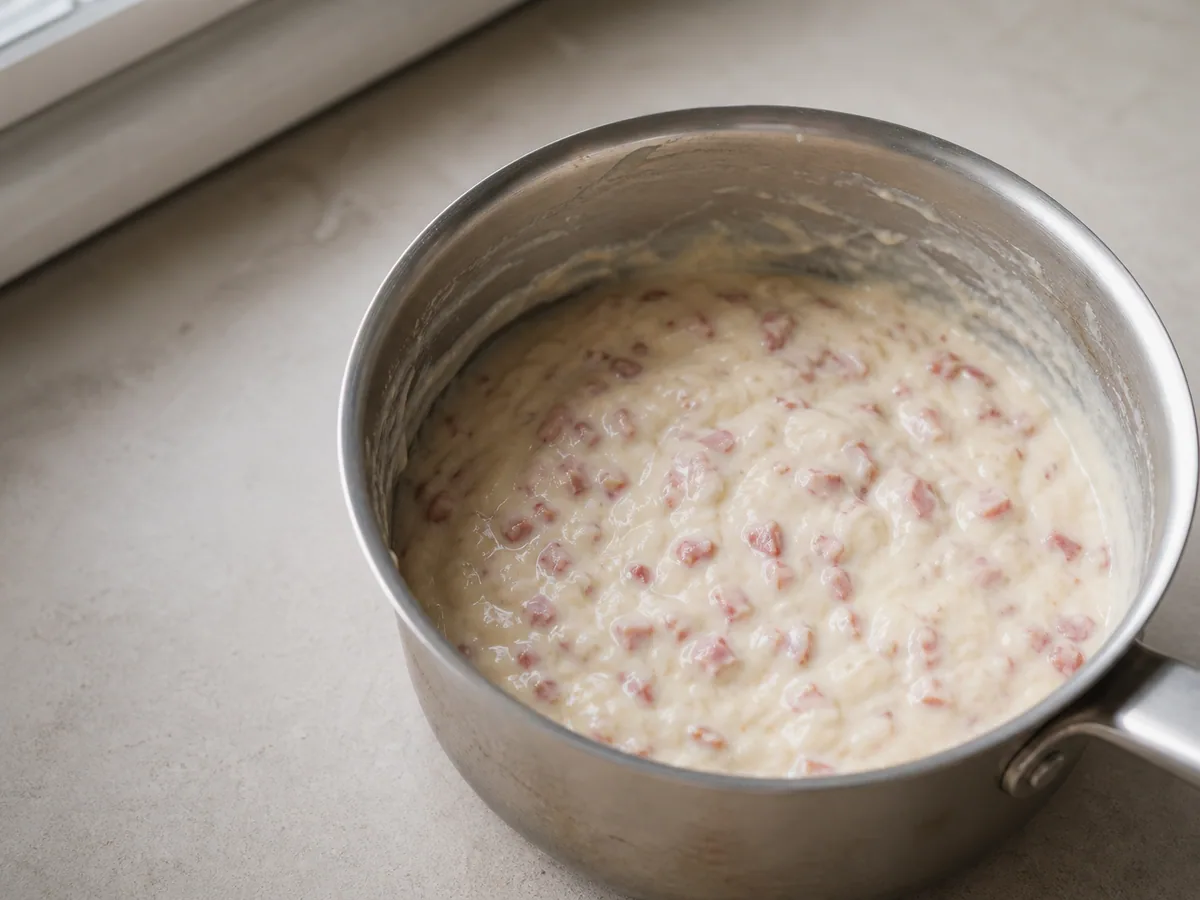 Bechamel espesa de jamón serrano despegándose de la sartén con un surco de cuchara