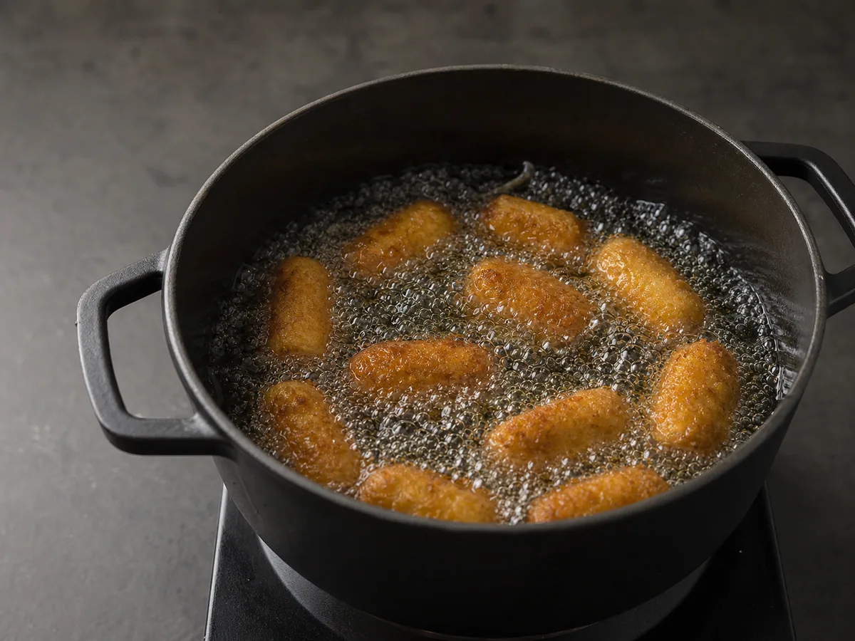 Croquetas españolas de jamón doradas friéndose por igual en aceite neutro caliente