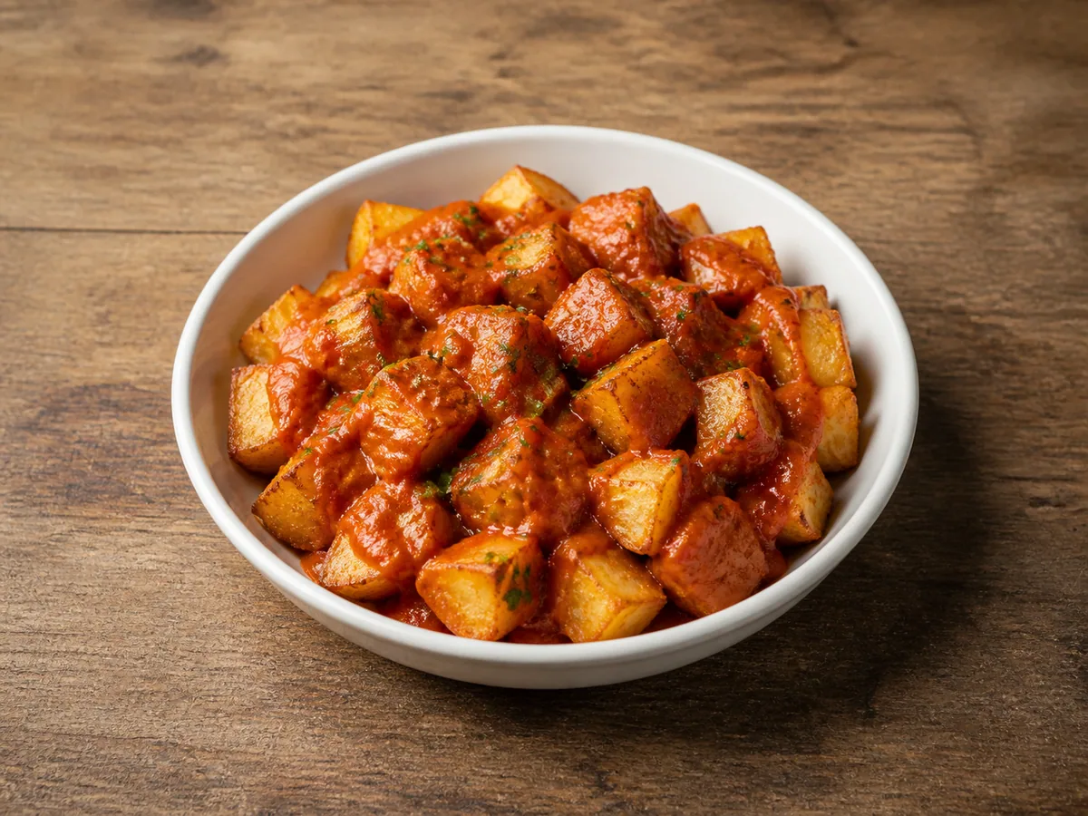Patatas bravas españolas con salsa roja ahumada y perejil