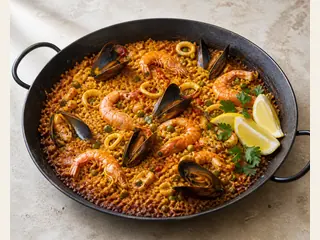 Panela larga de paella de frutos do mar com açafrão, camarões, mexilhões, lula, ervilhas, salsa e limão