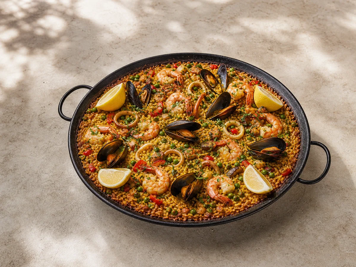 Wide pan of saffron seafood paella with shrimp, mussels, squid, peas, parsley, and lemon