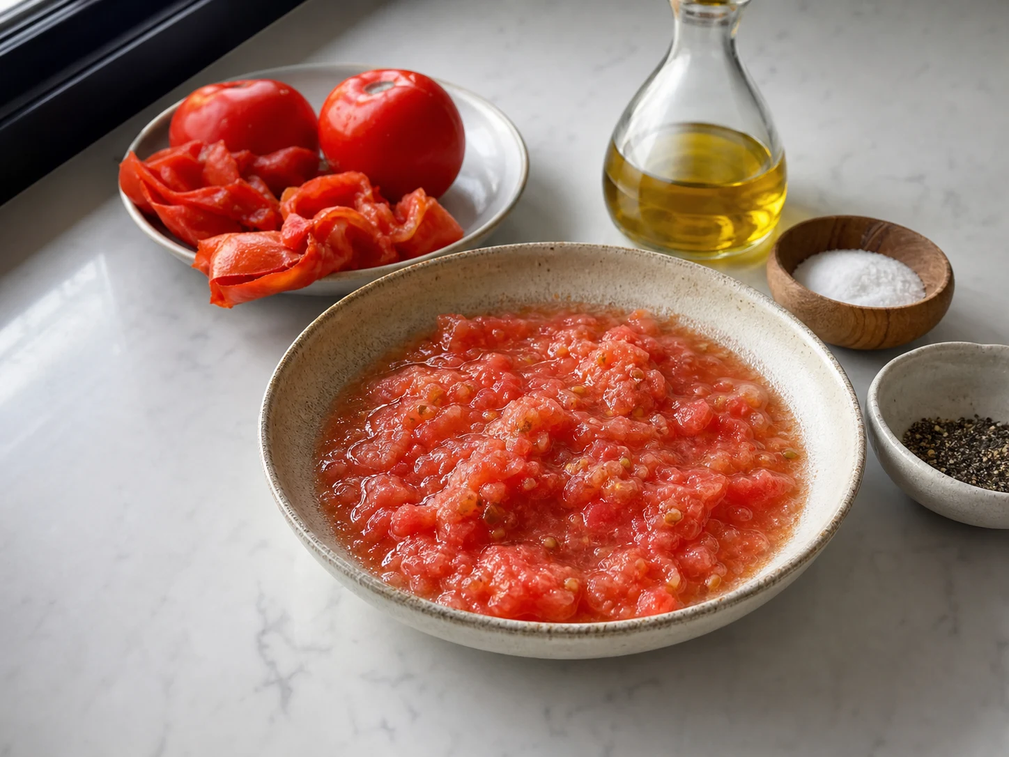 Polpa de tomate ralado grosso temperada em uma tigela, ao lado de um ralador de caixa e cascas de tomate descartadas