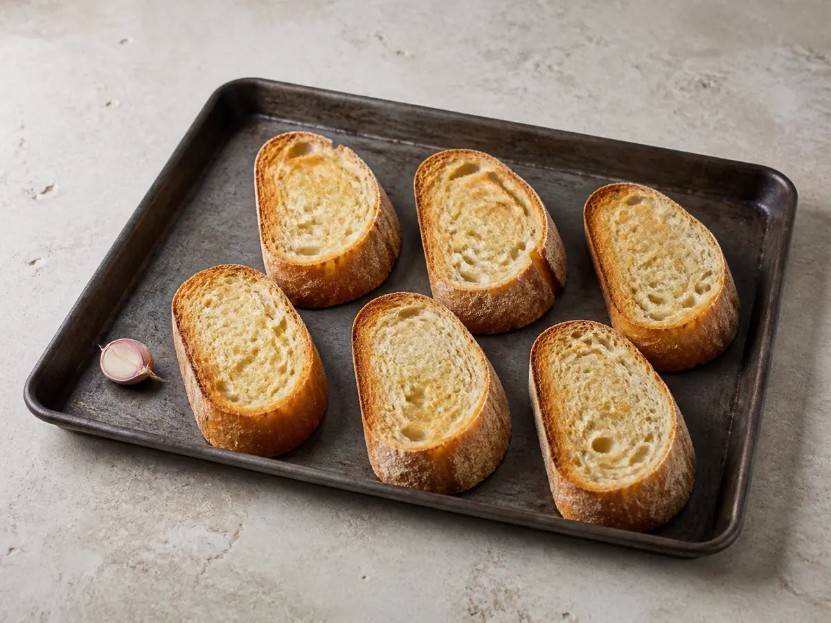 Hot toast slices being prepared with garlic