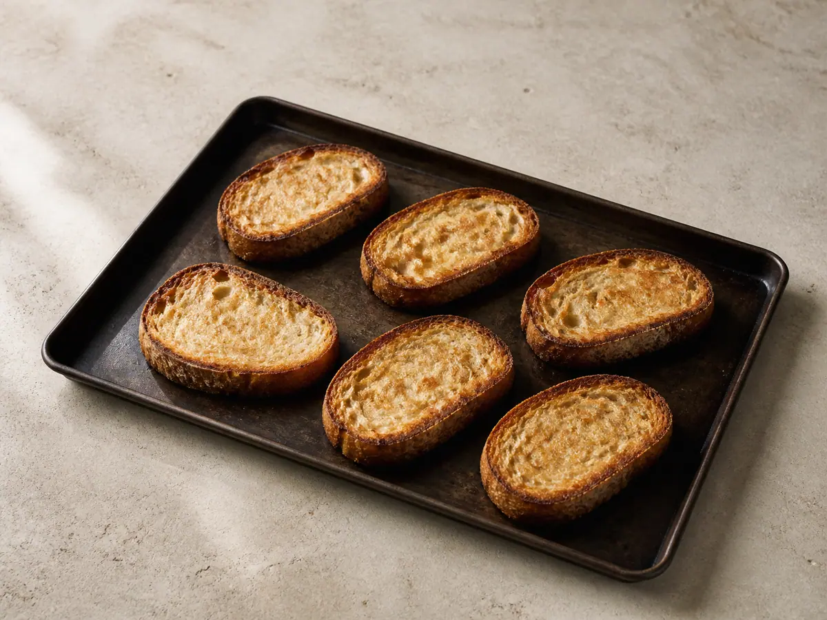 Dry crisp country toast slices on a baking sheet