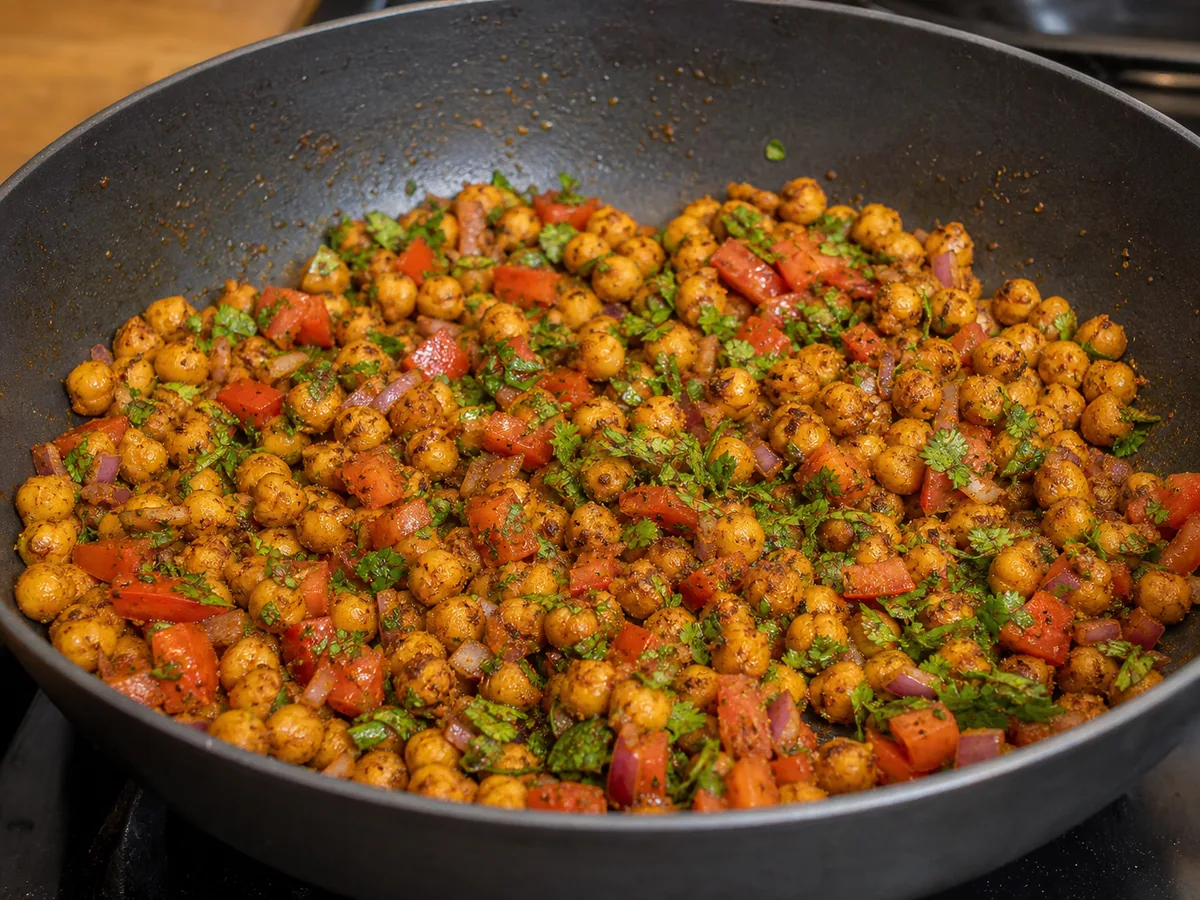 Cook the spiced chickpea topping during preparation