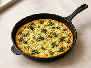 Frittata de espinaca y feta con bordes dorados y eneldo fresco