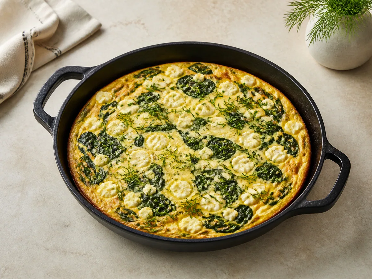 Spinach and feta frittata with golden edges and fresh dill