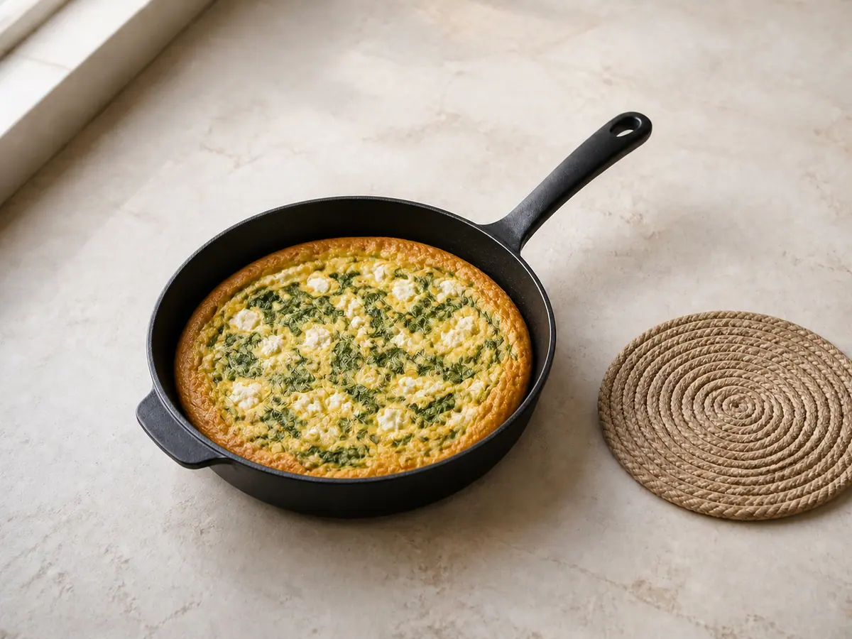 Whole fully cooked spinach and feta frittata in the skillet
