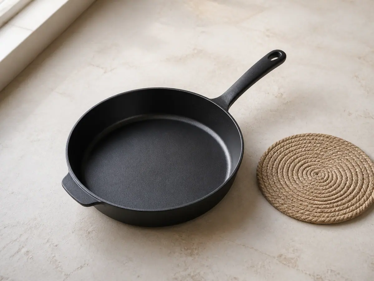 Empty oven-safe skillet prepared for the spinach and feta frittata