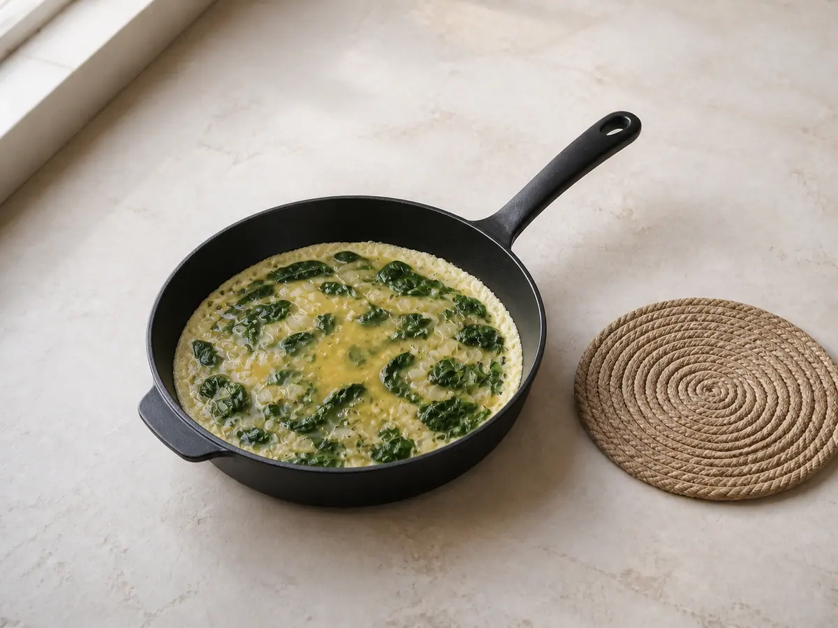 Partially set spinach frittata with fluid center in the skillet
