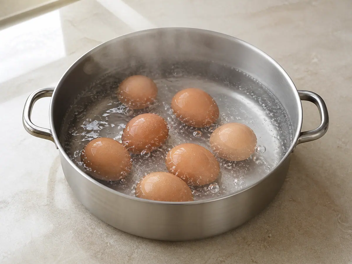 Hard-boiled parcel eggs cooling in a saucepan for Sri Lankan lamprais