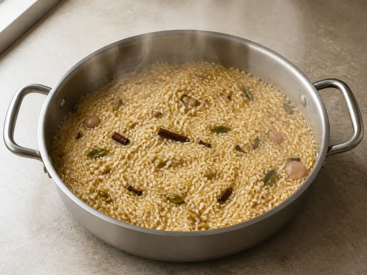 Stock-cooked rice with whole spices simmering in a stainless sauté pan