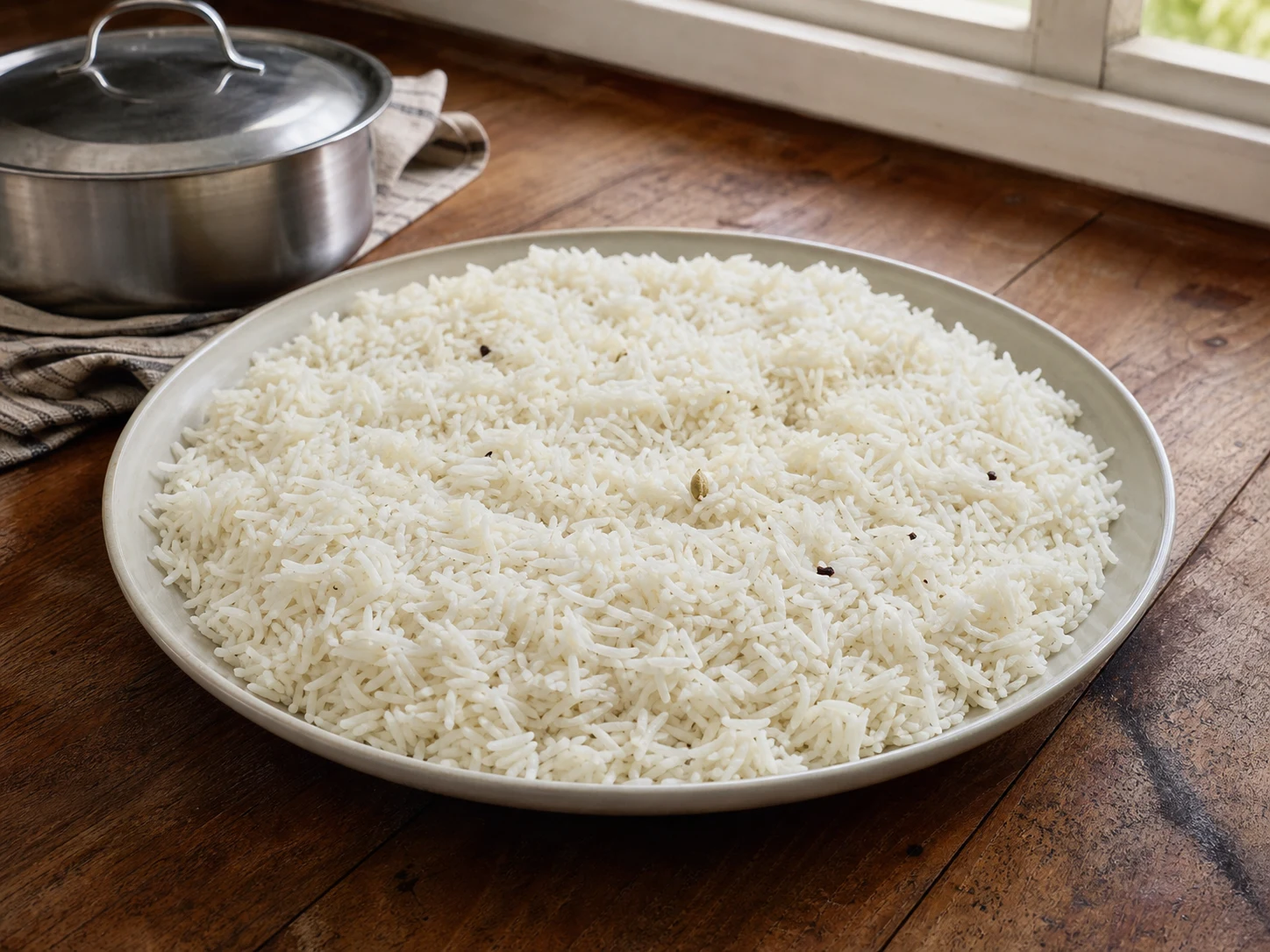 Arroz samba solto para lamprais cingalês de frango espalhado em uma travessa larga