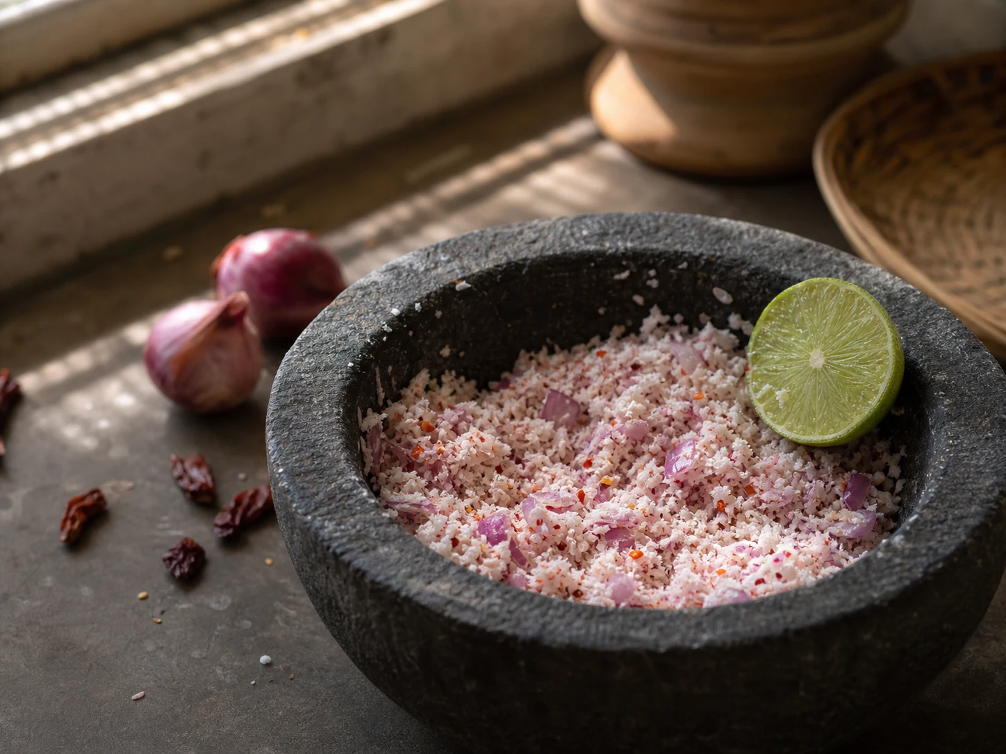 Sambol de coco grosso do Sri Lanka em um pilão de pedra
