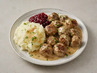 Albóndigas suecas en salsa cremosa con puré de papas y arándanos rojos