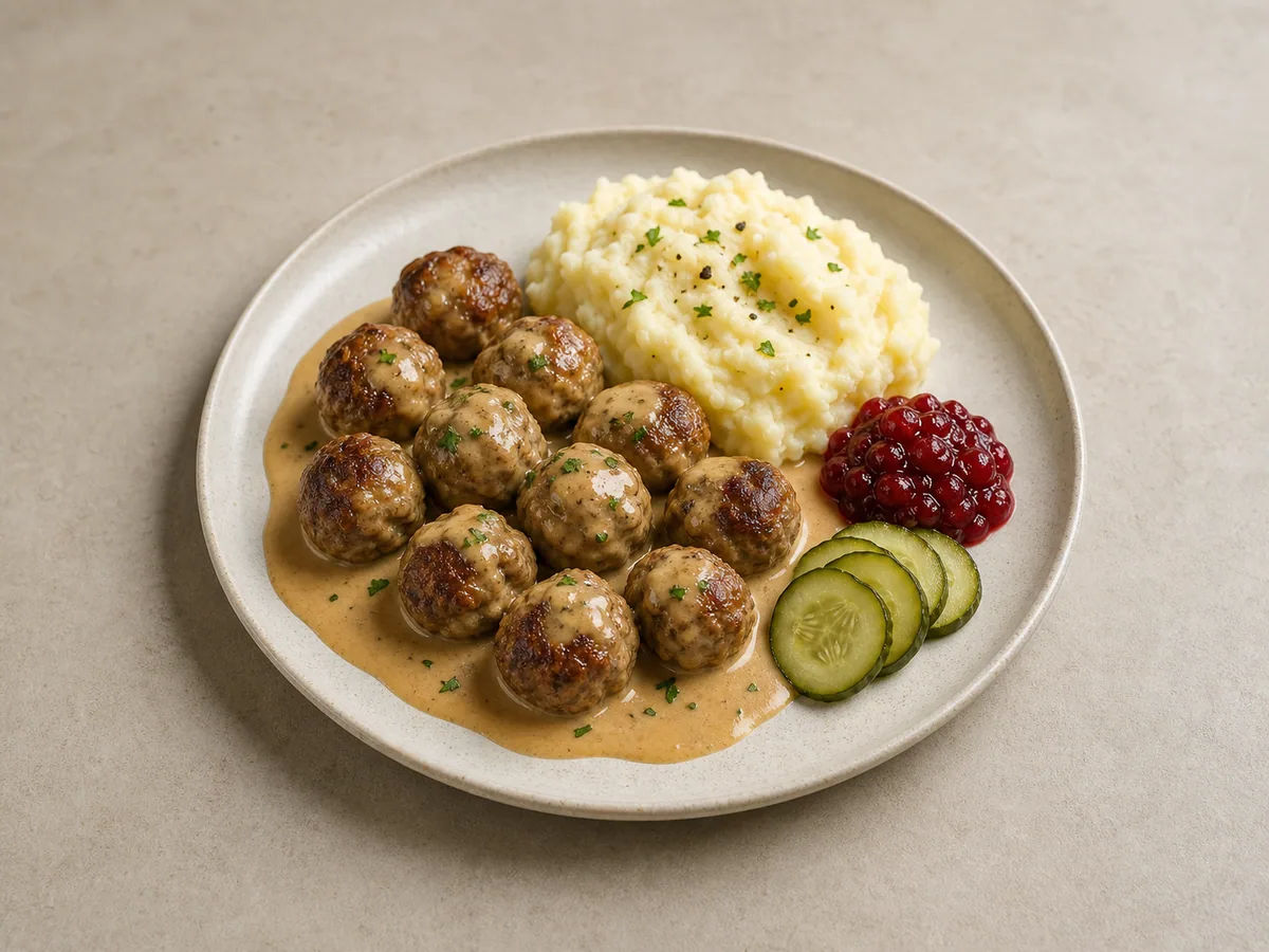Albóndigas suecas en salsa cremosa con puré de papa y conservas de arándano rojo