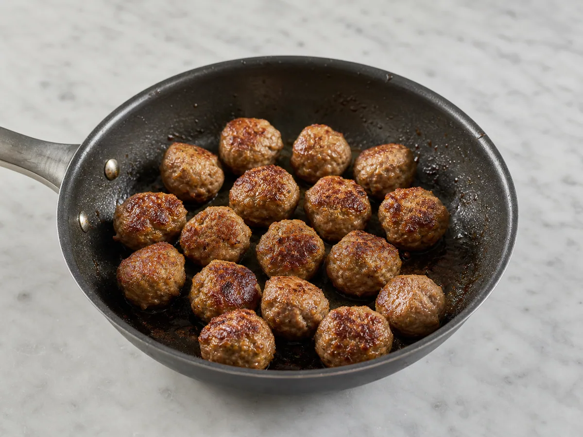 Albóndigas suecas completamente cocidas y doradas en un plato limpio