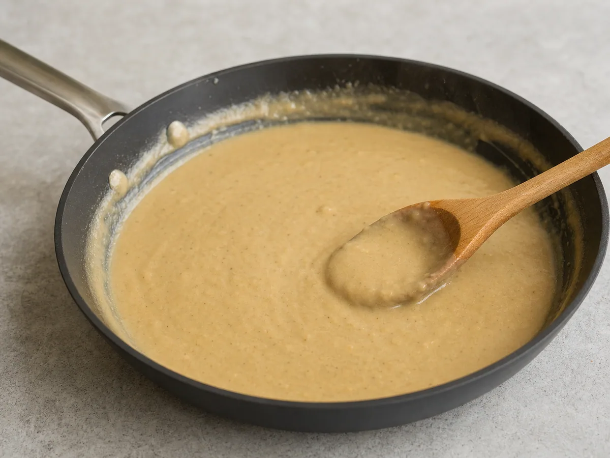 Salsa tersa de caldo de res que cubre ligeramente una cuchara en la sartén