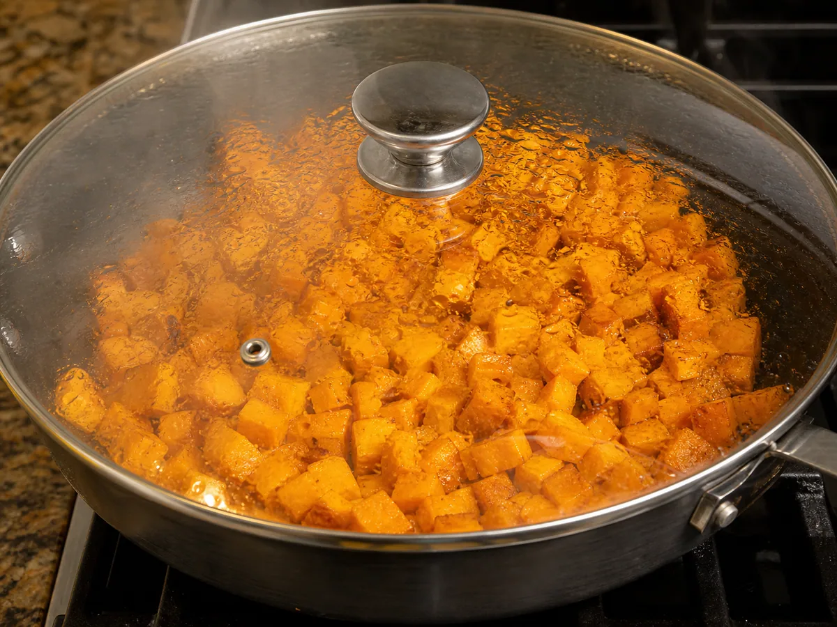 Brown and steam the sweet potatoes during preparation