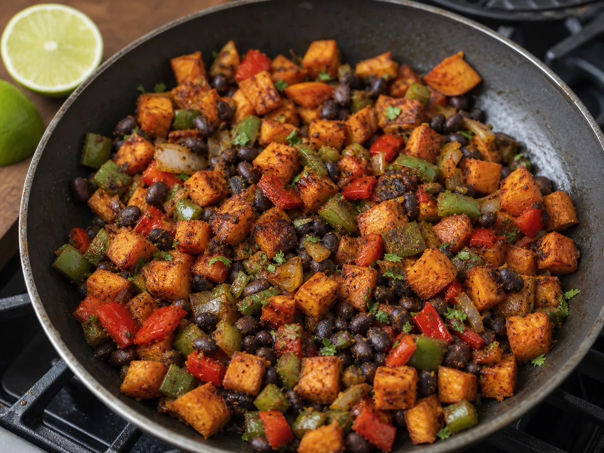 Season the hash and warm the beans during preparation
