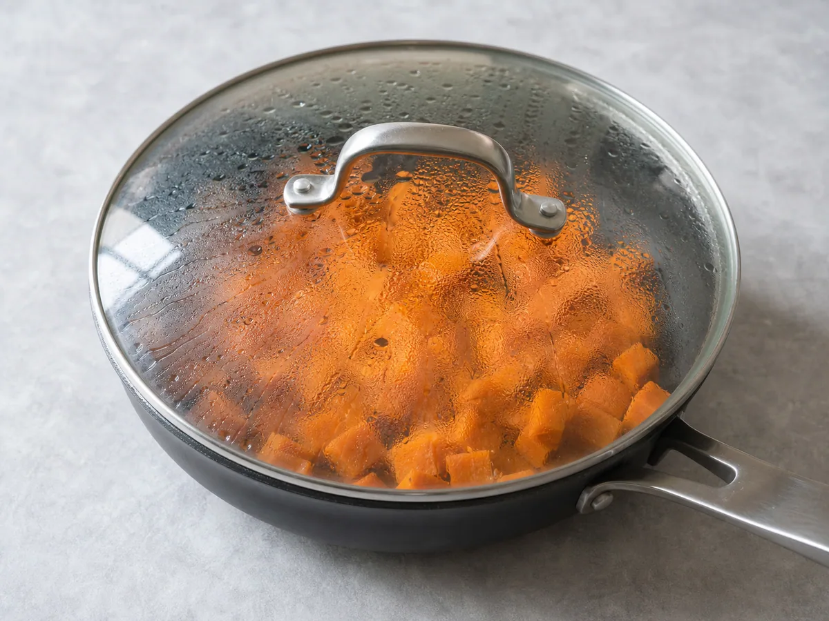 Mexido de batata-doce temperado com feijão-preto quente e bordas crocantes